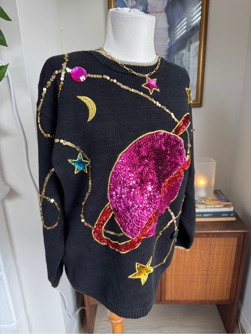Josephine Chaus Black Sweater with Pink Sequin Planet & Gold Accents